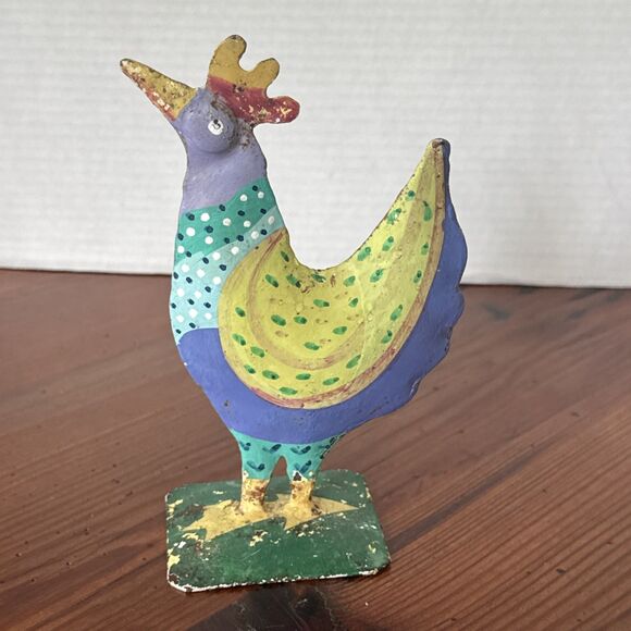 Primitive Metal Chicken Folk Art Purple Yellow Green 7 Inches - Picture 6 of 11